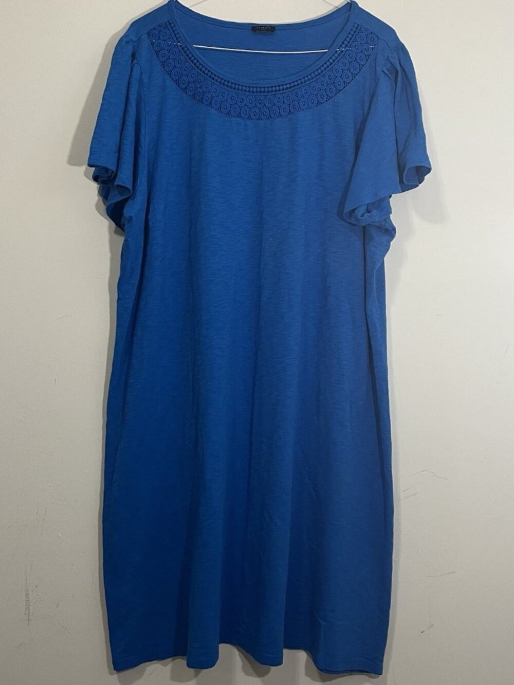 Talbots Blue Crochet Neck Flutter Sleeve T-Shirt Shift Dress Sz 3X 100% Cotton